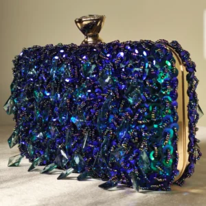 IMG_20260724_153616 Couple Tote Blue crystal embellished evening clutch bag with gold frame and detachable chain strap