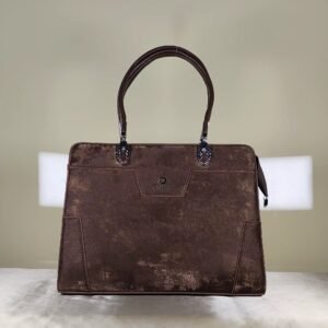Mocha structured women's office tote bag with dual handles, detachable shoulder strap, zip closure, and suede-look finish.