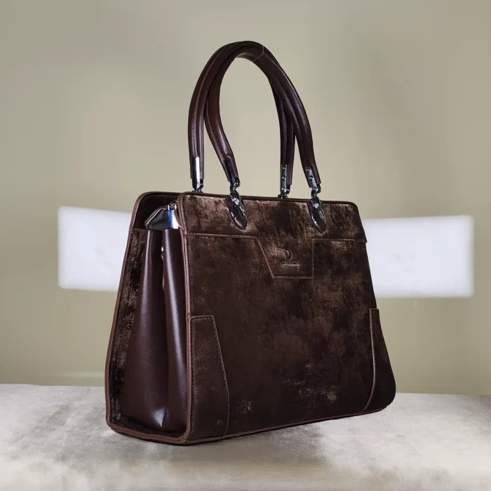 Mocha structured women's office tote bag with dual handles, detachable shoulder strap, zip closure, and suede-look finish.