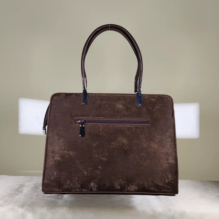 Mocha structured women's office tote bag with dual handles, detachable shoulder strap, zip closure, and suede-look finish.
