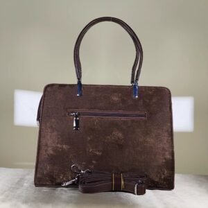 Brown Mocha structured women's office tote bag with dual handles, detachable shoulder strap, zip closure, and suede-look finish.