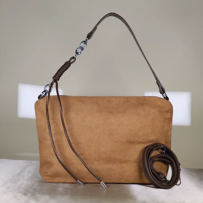 IMG_20260726_000819 Couple Tote Camel suede shoulder bag with detachable crossbody strap, minimalist design, and spacious zippered compartment.