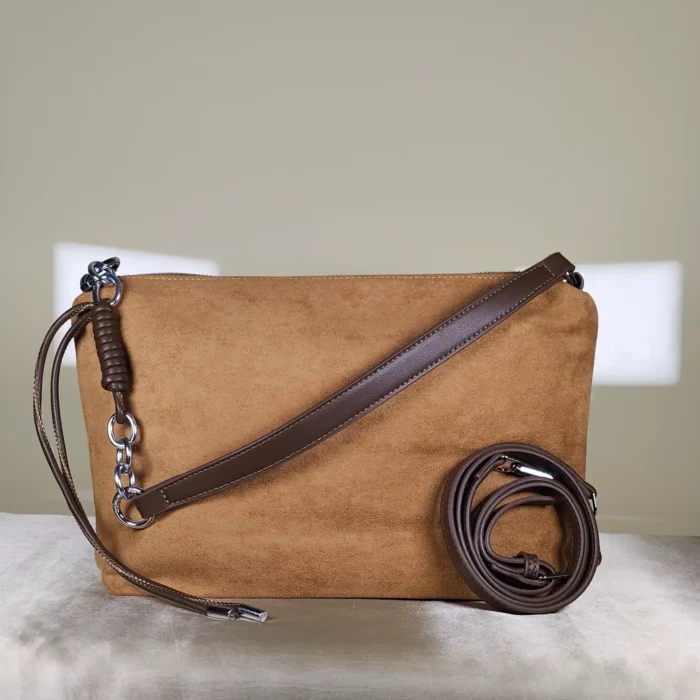 IMG_20260726_000844 Couple Tote Camel suede shoulder bag with detachable crossbody strap, minimalist design, and spacious zippered compartment.