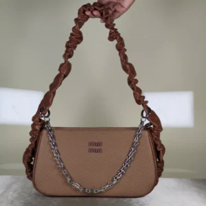 Tan Textured Baguette Shoulder Bag with Chain Strap