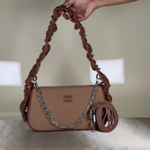 Brown Tan Textured Baguette Shoulder Bag with Chain Strap