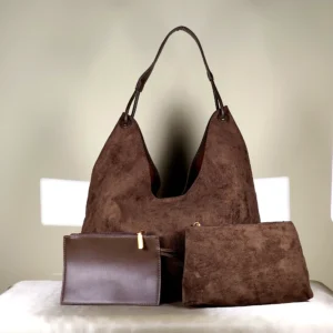Brown Suede Hobo Shoulder Bag with Matching Pouches