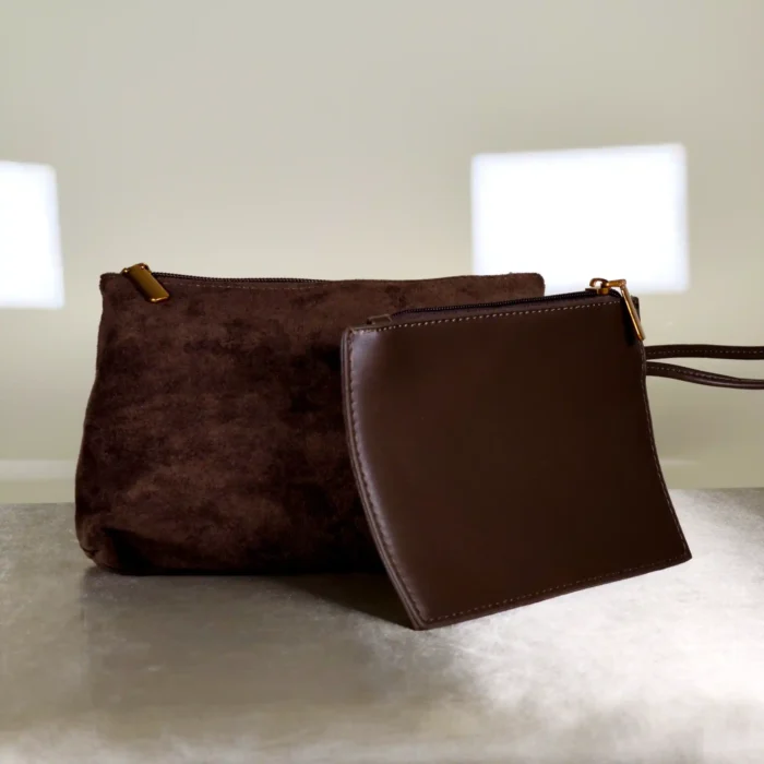 Brown Suede Hobo Shoulder Bag with Matching Pouches