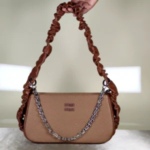 Tan Textured Baguette Shoulder Bag with Chain Strap