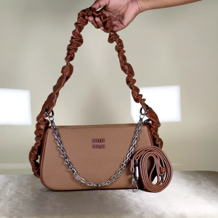Tan Textured Baguette Shoulder Bag with Chain Strap