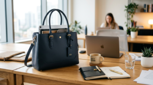 Black leather couple tote handbag with E.L. initials on wooden desk with notebooks, coffee mug, and laptop in background