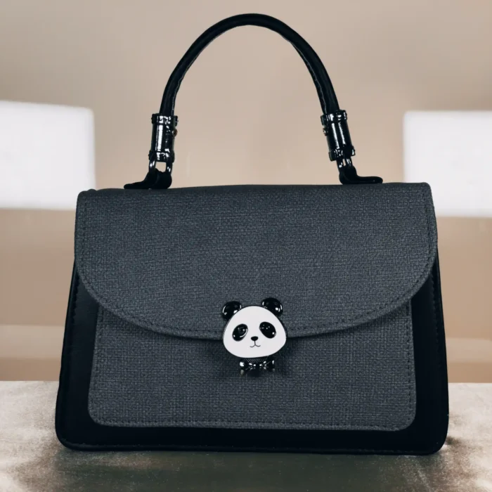 Couple tote's Grey textured top handle satchel bag with panda-shaped twist lock, black accents, and detachable crossbody strap