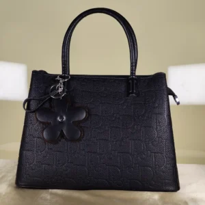 Couple Tote's Black embossed top handle satchel handbag with detachable shoulder strap and floral charm for women.