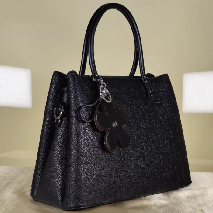 IMG_20260724_155642 Couple Tote Black embossed top handle satchel handbag with detachable shoulder strap and floral charm for women.