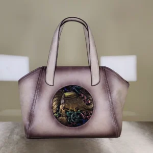Couple tote's Women's metallic taupe tote handbag with artistic elephant design and detachable sling strap