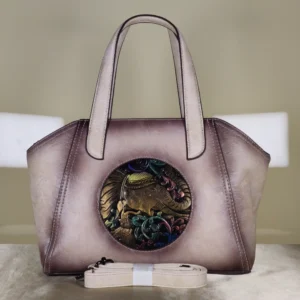 IMG_20260726_004534 Women's metallic taupe tote handbag with artistic elephant design and detachable sling strap