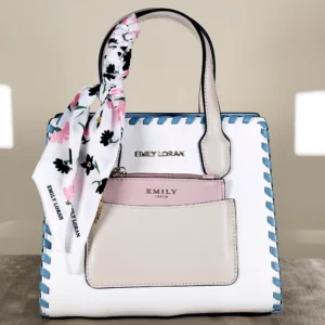 Women's structured top handle tote bag with scarf accent, front slip pocket, and detachable shoulder strap
