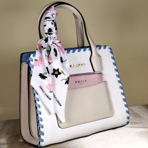 IMG_20260820_124115 Women's structured top handle tote bag with scarf accent, front slip pocket, and detachable shoulder strap
