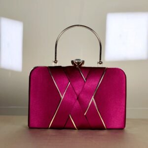 Compact structured clutch bag with decorative overlapping front detailing and a sleek top handle