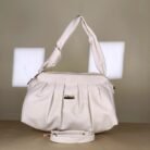 White pleated women's shoulder bag with top handle and detachable strap