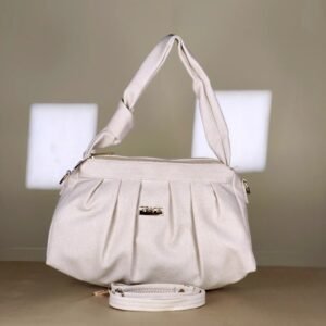 White pleated women's shoulder bag with top handle and detachable strap