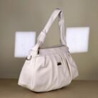 White pleated women's shoulder bag with top handle and detachable strap