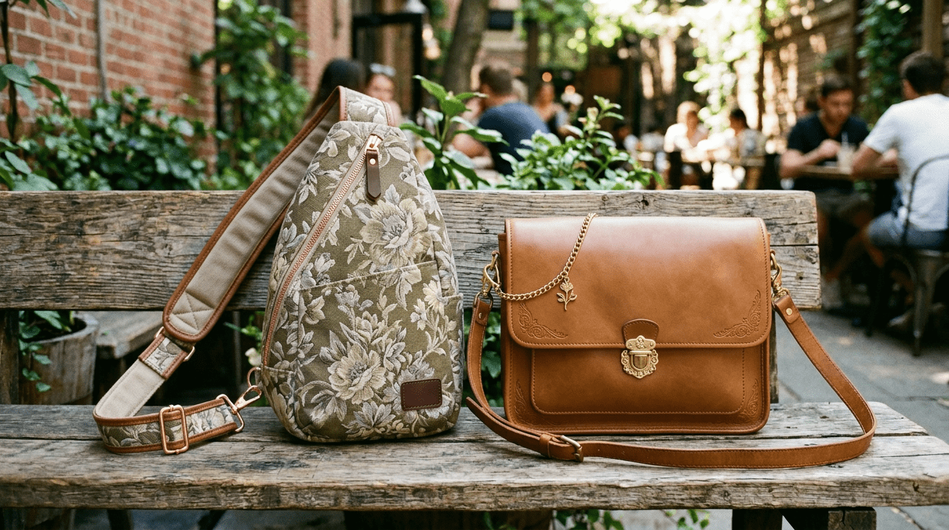 Olive green sling bag and tan leather satchel on wooden bench outdoors