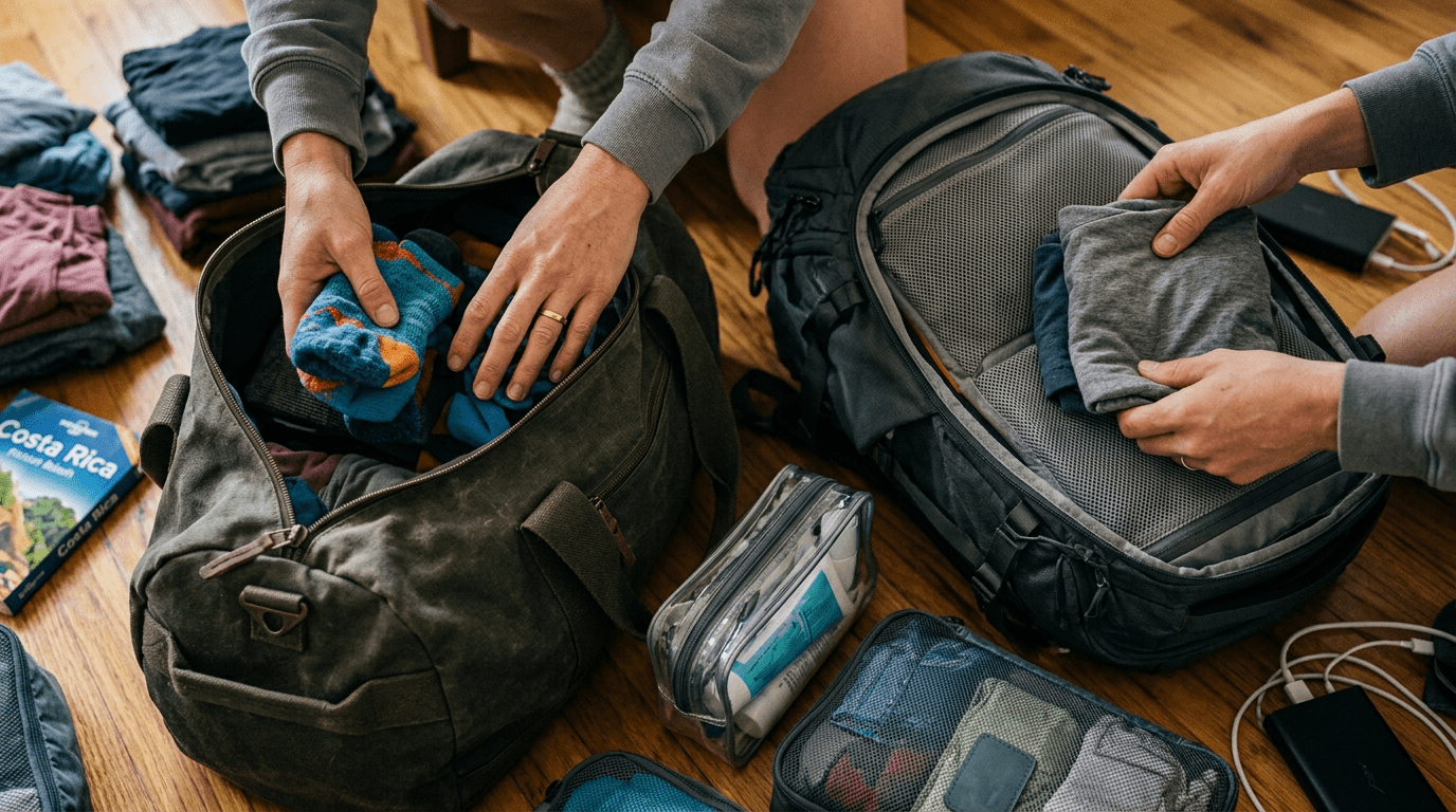 A woman packing clothes and travel items into a couple tote's duffel bag on her bedroom floor