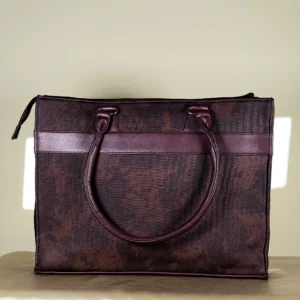 Dark brown large structured tote bag with double handles and detachable shoulder strap