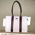 Ivory and brown structured tote bag with gold-tone chain-detail handles