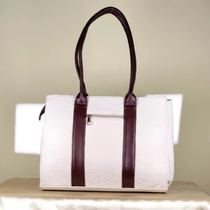 Ivory and brown structured tote bag with gold-tone chain-detail handles
