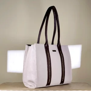 Ivory and brown structured tote bag with gold-tone chain-detail handles