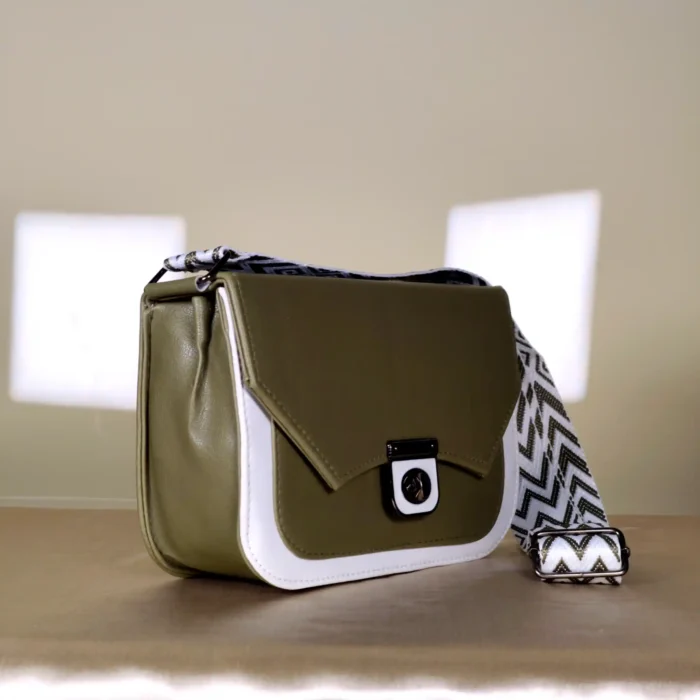 olive green crossbody bag with adjustable printed shoulder strap