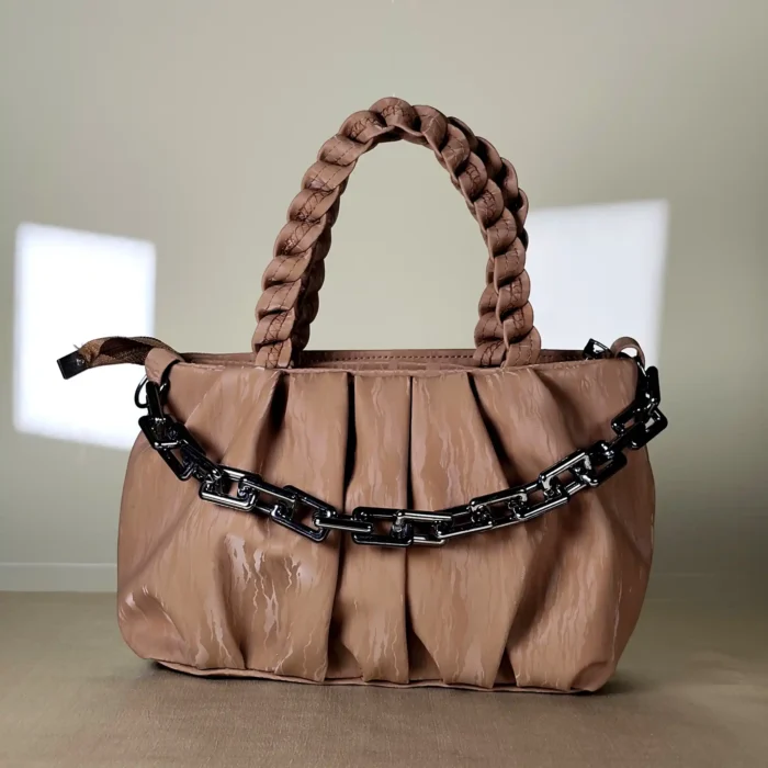 quilted top handle bag with braided handles and silver chain detailing