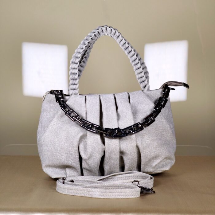 pleated women’s shoulder bag with braided handle and chain detail
