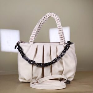 pleated women’s shoulder bag with braided handle and chain detail