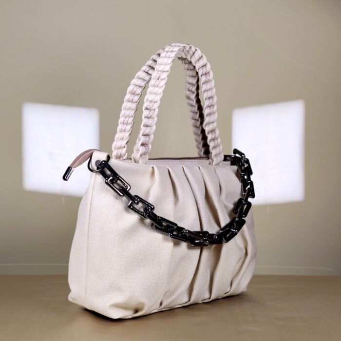 pleated women’s shoulder bag with braided handle and chain detail